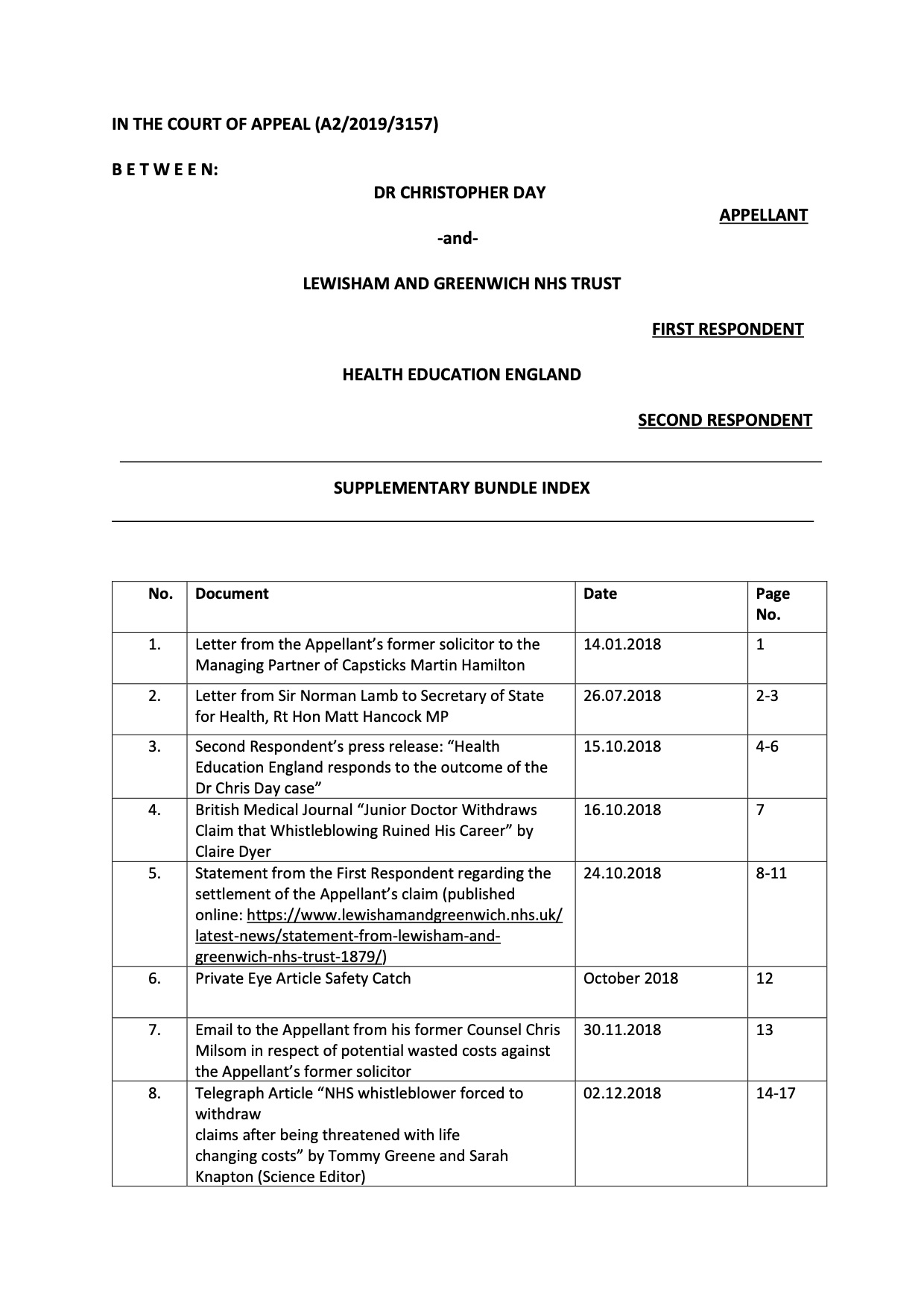 Court Of Appeal Supplementary Bundle Index Dr Day