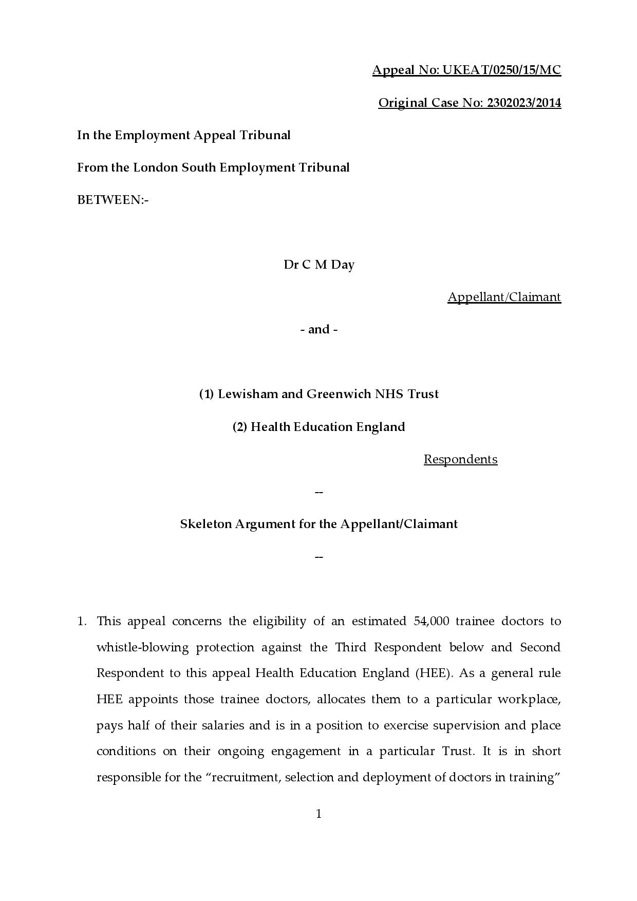 Skeleton Argument For EAT Full Hearing On 10 February 2016